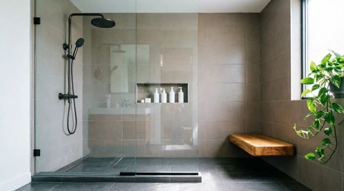 Modern bathroom renovation with a frameless walk-in shower