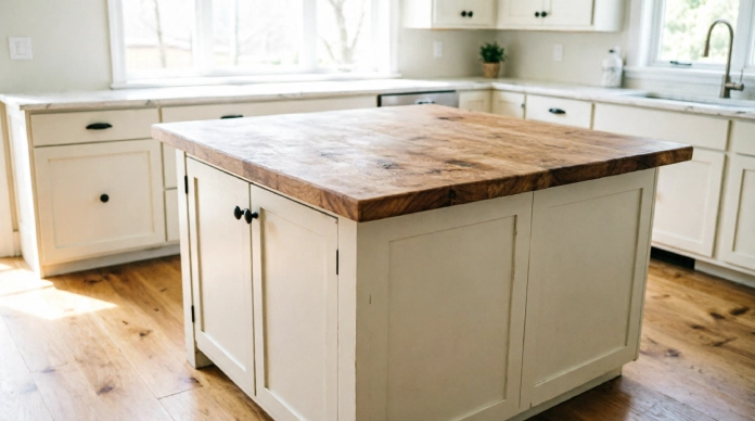 Kitchen countertop ideas featuring a warm butcher block island