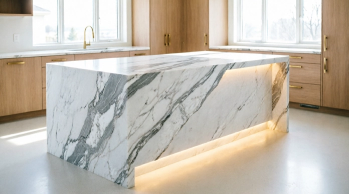 Luxury kitchen ideas with a white quartzite waterfall kitchen island