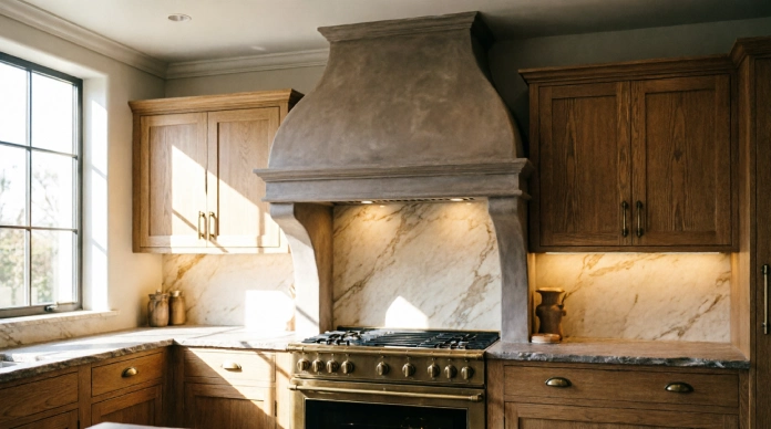 Arched Range Hood Ideas with luxury plaster, marble, and oak finishes