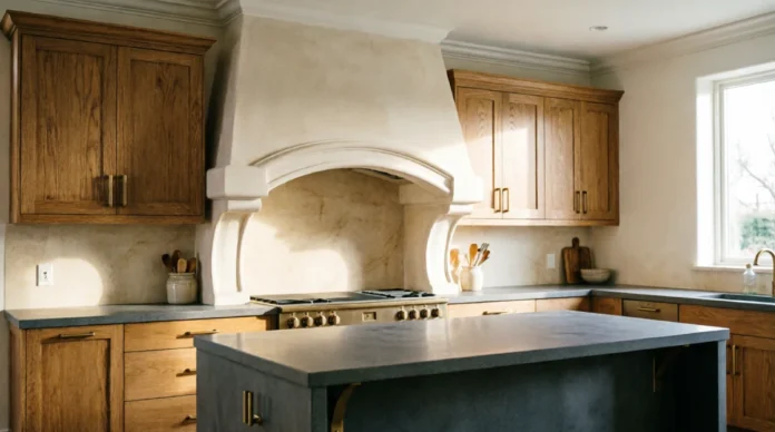Arched Range Hood Ideas featuring a warm plaster hood in a modern kitchen