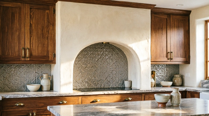 Arched Range Hood Ideas with a plaster hood and full kitchen backsplash