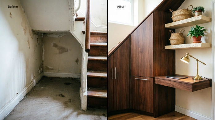 Under-stair storage ideas before and after transformation