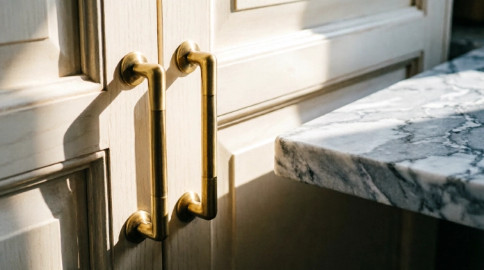 15 Amazing & Easy Ways to Make Builder-Grade Cabinets Look Custom & Expensive 1 Builder-grade cabinets with upgraded brass cabinet hardware