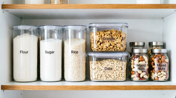 Small Pantry Organization Ideas with clear food storage containers
