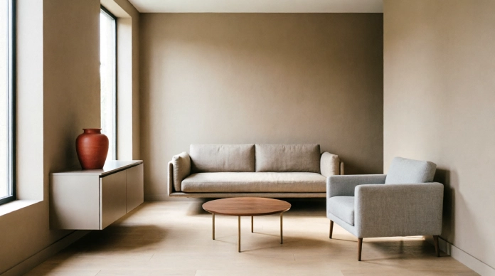 Small living room layout with floating sofa and clear walkway