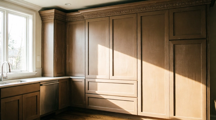 15 Amazing & Easy Ways to Make Builder-Grade Cabinets Look Custom & Expensive 2 Builder-grade cabinets with crown molding and decorative trim
