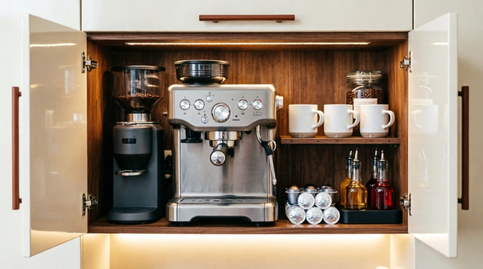 12 Genius Appliance Garage Ideas to Instantly Declutter Your Kitchen 4 Coffee appliance garage with hidden coffee station
