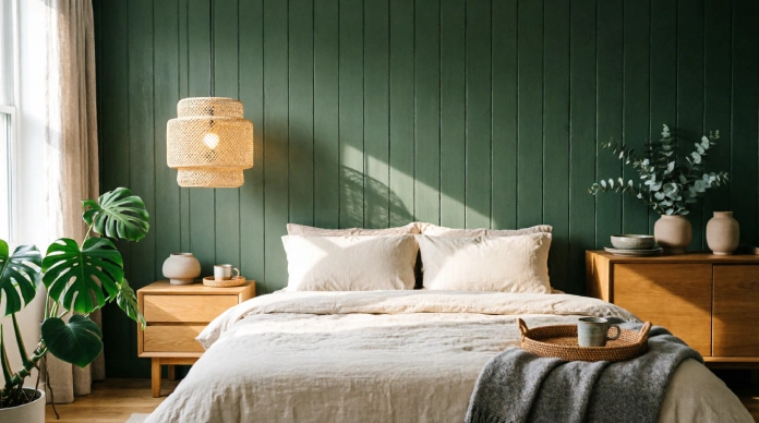 15 Stunning Bedroom Feature Wall Ideas That Instantly Transform Any Room 1 Bedroom Feature Wall Ideas with deep green vertical panels