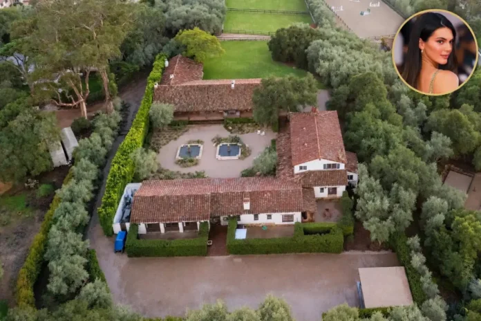 Kendall Jenner house aerial view showing her luxury Montecito estate surrounded by lush landscaping and equestrian grounds