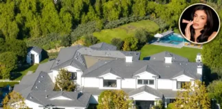 Kylie Jenner House: Inside Her Jaw-Dropping $36 Million Mansion Kylie Jenner house featuring a luxurious mansion, manicured grounds, and a circular portrait of Kylie Jenner