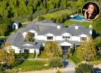 Kylie Jenner House: Inside Her Jaw-Dropping $36 Million Mansion Kylie Jenner house featuring a luxurious mansion, manicured grounds, and a circular portrait of Kylie Jenner