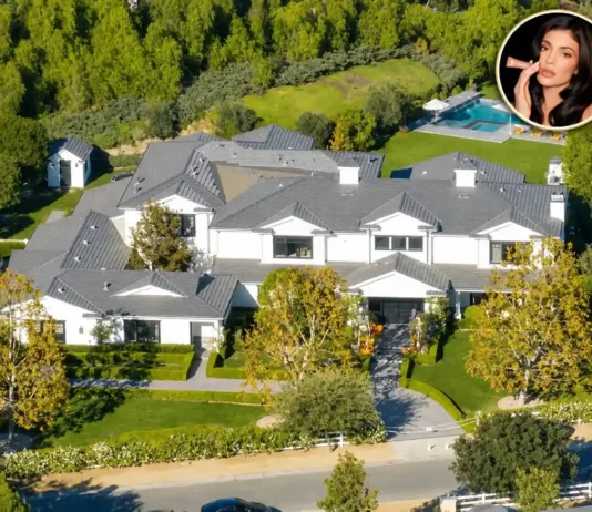 Kylie Jenner House: Inside Her Jaw-Dropping $36 Million Mansion Kylie Jenner house featuring a luxurious mansion, manicured grounds, and a circular portrait of Kylie Jenner