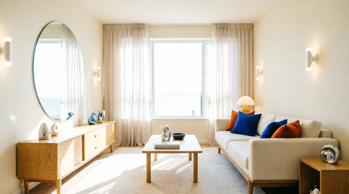 Mirrors and light colors for a small living room
