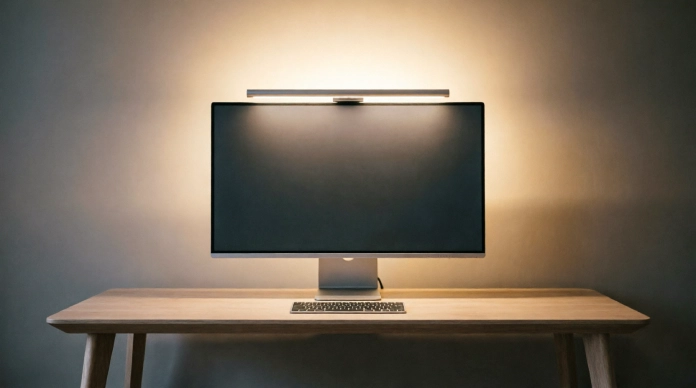 11 Brilliant Home Office Lighting Hacks for a More Productive Workspace 3 Home office desk with monitor light bar and bias lighting