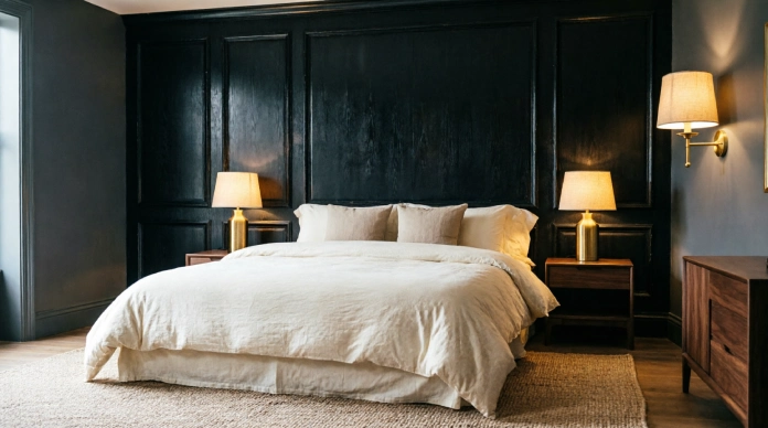 15 Stunning Bedroom Feature Wall Ideas That Instantly Transform Any Room 6 Bedroom Feature Wall Ideas with a dramatic dark paneled wall