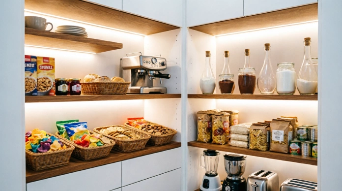 17 Brilliant Walk-In Pantry Ideas to Maximize Every Inch of Space 3 Walk-In Pantry Ideas showing organized breakfast, baking, snack, cooking, and appliance zones