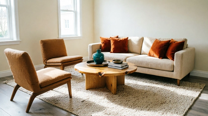 Round coffee table and area rug in small living room layout