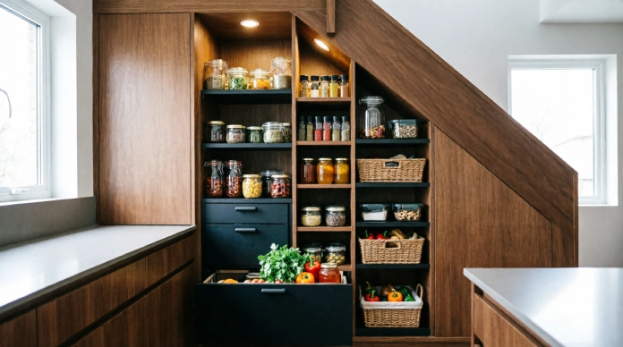 Under-stair storage ideas for a compact pantry