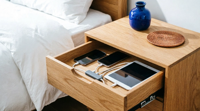Hidden charging station drawer for organizing phone cords