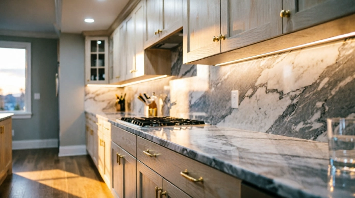 15 Amazing & Easy Ways to Make Builder-Grade Cabinets Look Custom & Expensive 4 Builder-grade cabinets upgraded with warm under-cabinet lighting