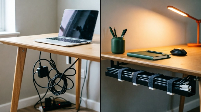 Under-desk cable management to hide computer cords and wires