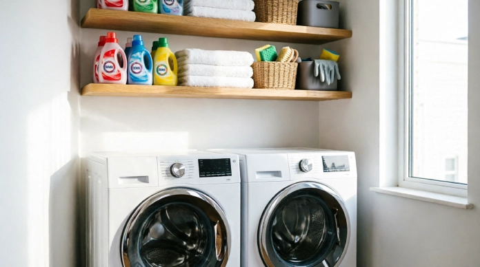 17 Brilliant Small Laundry Room Organization Ideas to Maximize Every Inch 1 Small laundry room shelving ideas above washer and dryer