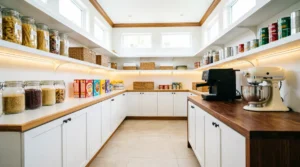 Walk-In Pantry Ideas featuring organized shelves, storage containers, baskets, and countertop