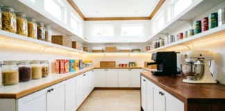 17 Brilliant Walk-In Pantry Ideas to Maximize Every Inch of Space Walk-In Pantry Ideas featuring organized shelves, storage containers, baskets, and countertop