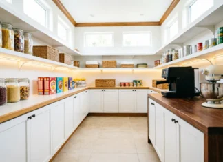 17 Brilliant Walk-In Pantry Ideas to Maximize Every Inch of Space Walk-In Pantry Ideas featuring organized shelves, storage containers, baskets, and countertop