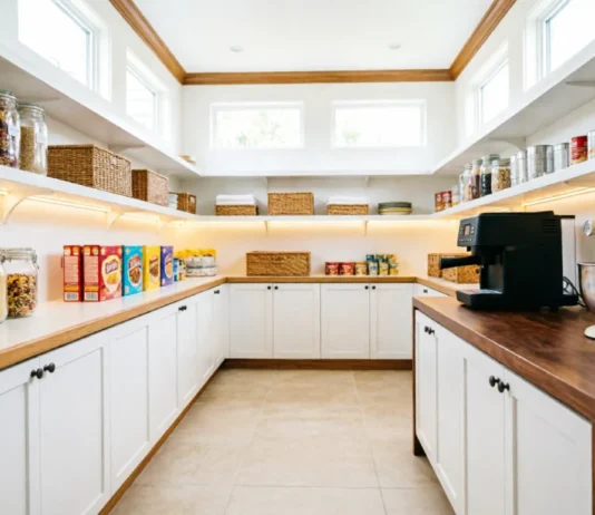 17 Brilliant Walk-In Pantry Ideas to Maximize Every Inch of Space Walk-In Pantry Ideas featuring organized shelves, storage containers, baskets, and countertop