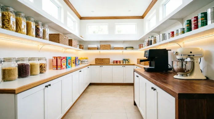Walk-In Pantry Ideas for a Stylish and Organized Kitchen Walk-In Pantry Ideas featuring organized shelves, storage containers, baskets, and countertop