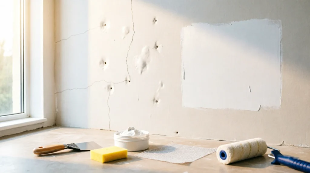 Wall damage repair before painting with patched holes and cracks