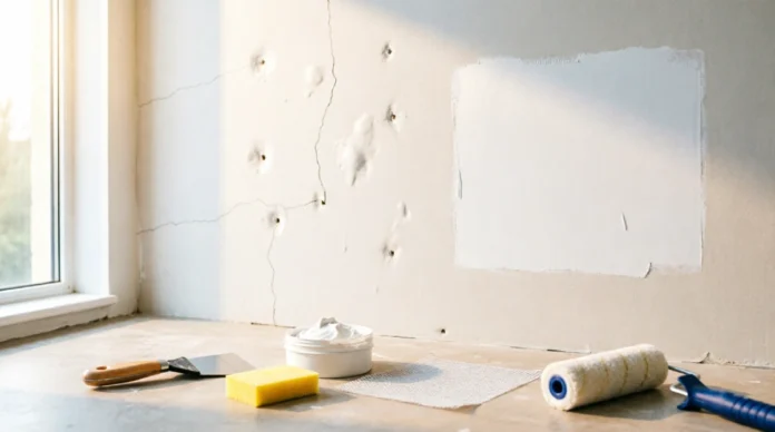 Wall Damage Repair Before Painting_ Complete DIY Guide Wall damage repair before painting with patched holes and cracks