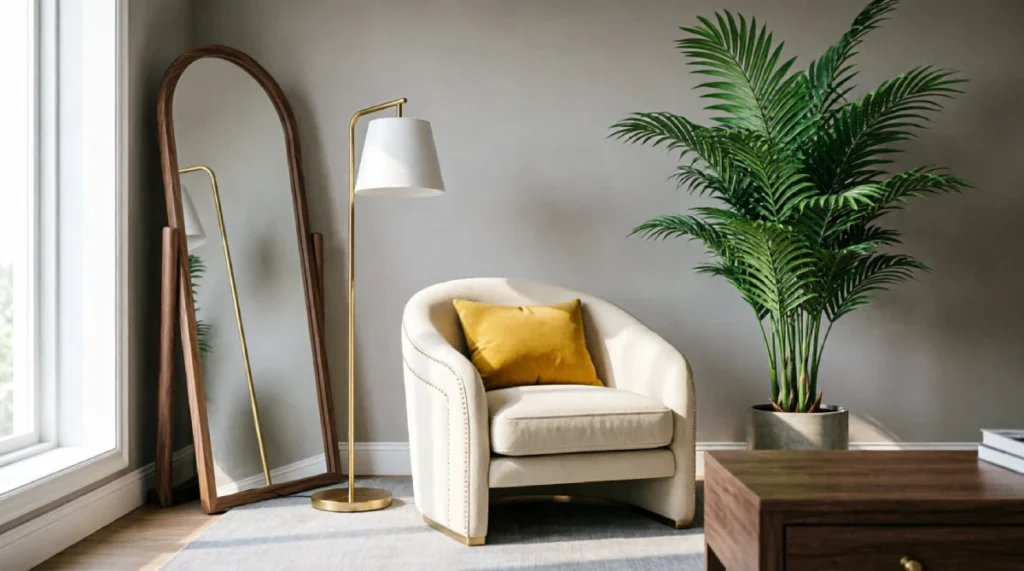 10 Stylish Awkward Living Room Corner Ideas for Empty Dead Space 4 Awkward living room corner ideas featuring a cozy chair, green plant, arched mirror, and stylish floor lamp