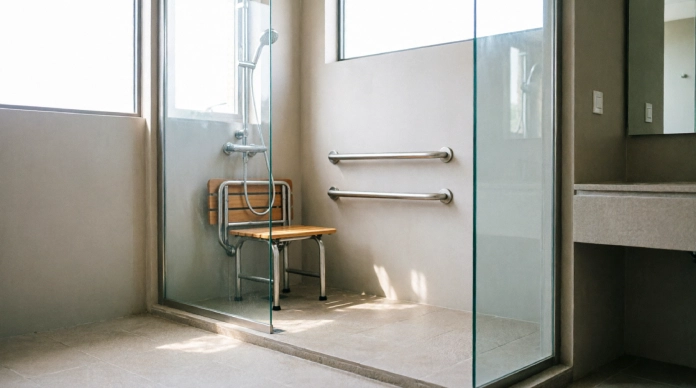 Curbless shower ideas featuring grab bars, a fold-down seat, and a level entrance
