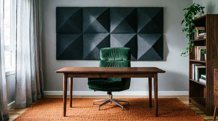 Home Office Soundproofing Ideas: 9 Worst Noise Mistakes You Must Stop Today 2 Home office soundproofing ideas with acoustic panels, a thick rug, and curtains