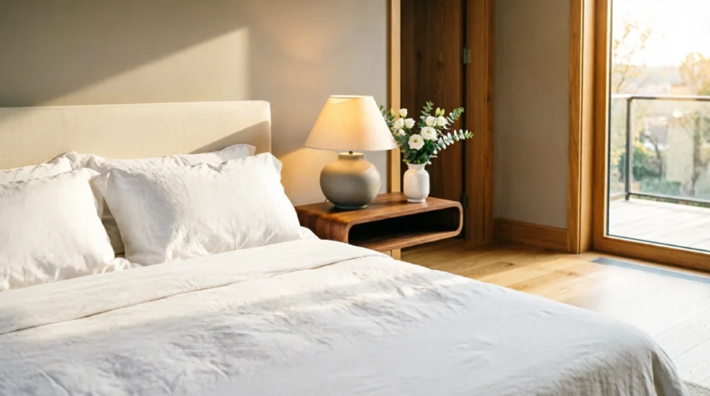 Bedside Table Alternatives featuring an elegant floating walnut shelf in a luxury bedroom