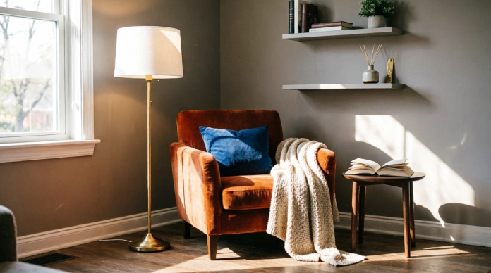10 Stylish Awkward Living Room Corner Ideas for Empty Dead Space 1 Awkward living room corner ideas with a rust-orange reading chair, brass floor lamp, and floating shelves