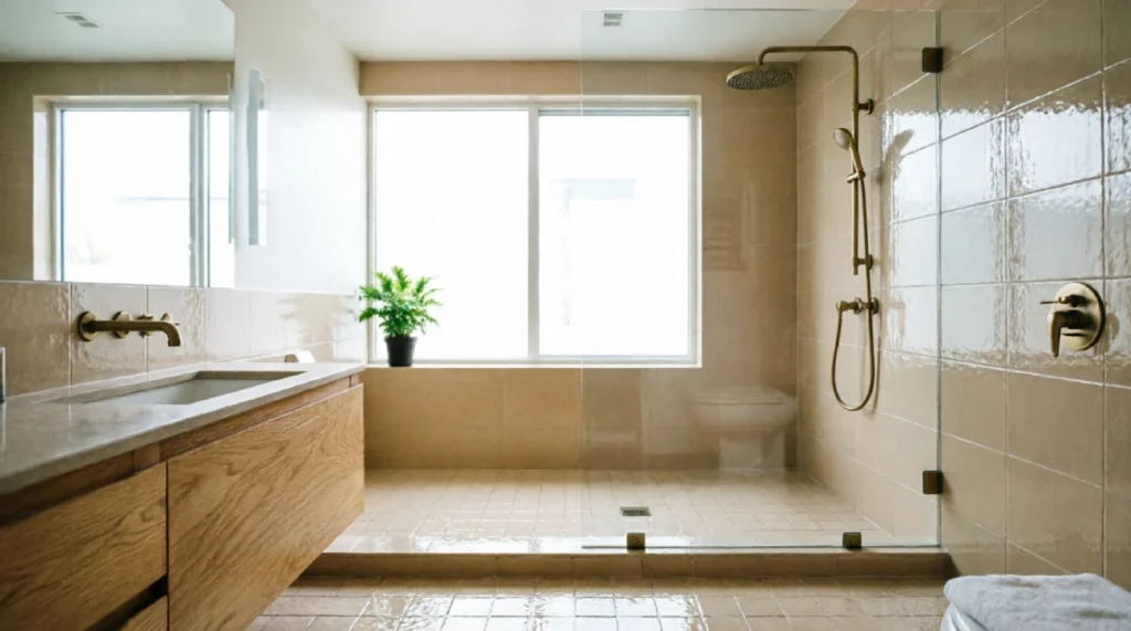 Curbless shower ideas featuring a seamless floor and frameless glass panel