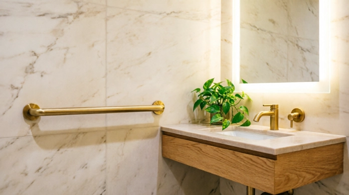 Bathroom grab bar ideas with elegant brushed brass safety rails