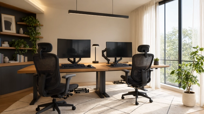 Shared Home Office Ideas for Two with ergonomic chairs and adjustable monitors