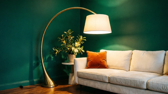 Living room lighting ideas without overhead lights using a brass arc floor lamp beside a cream sofa