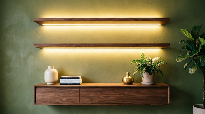 Living room lighting ideas without overhead lights featuring concealed warm LED strips behind a media console