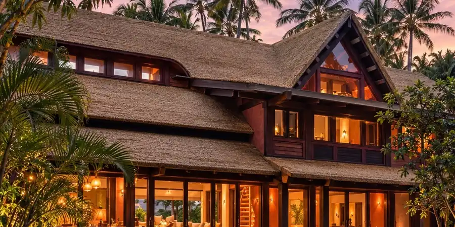 Keawakapu Beach Estate at Dusk, Maui Dusk exterior of the Jim Carrey Maui estate, a thatched roof house behind a lawn and palm trees.