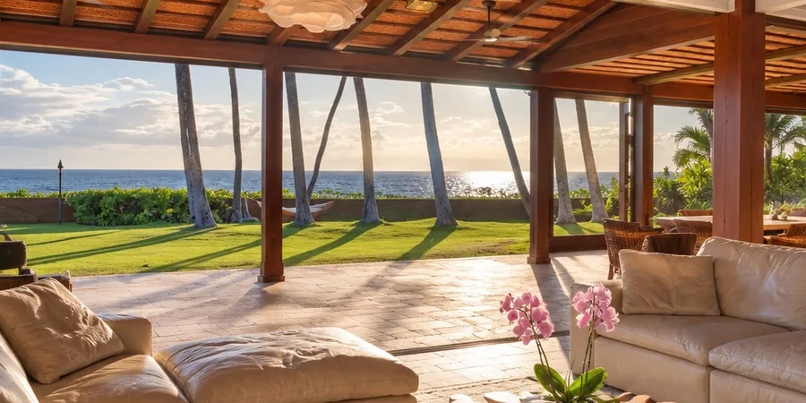 Great Room Opening to the Lanai and Ocean Great room of the Maui estate opening to a stone lanai, lawn and Pacific Ocean.