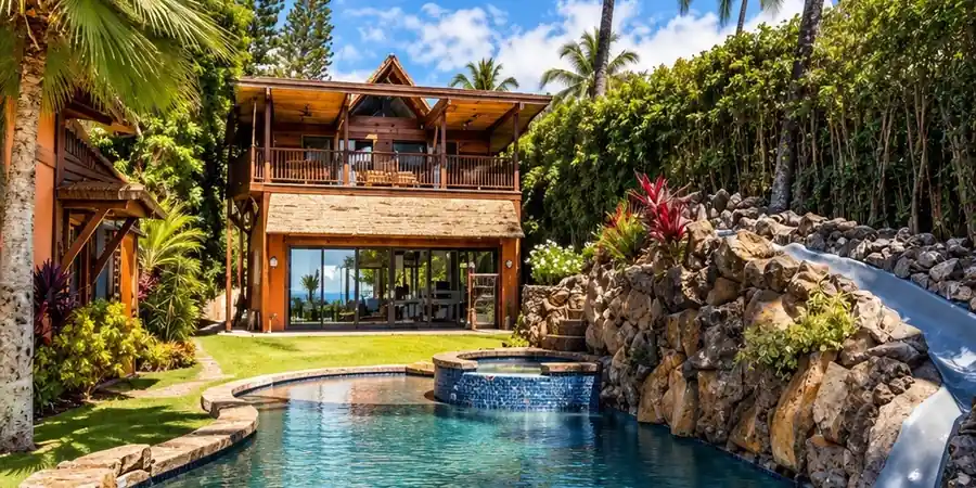 Freeform Pool With Rock Slide and Guest House Freeform pool with a rock slide and elevated spa at the Maui estate, guest house behind.