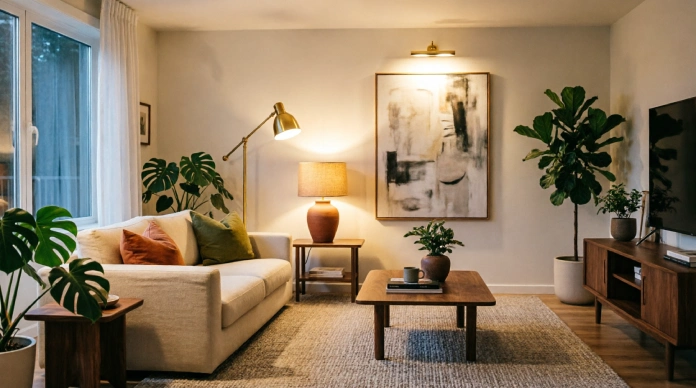 Living room lighting ideas without overhead lights combining floor lamps, table lamps, and picture lights