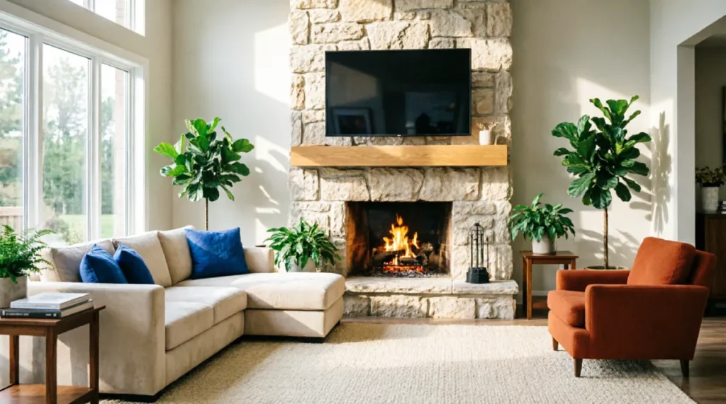 15 Brilliant Living Room Layout Ideas with Fireplace and TV (2026 Guide) 5 Living room layout ideas with fireplace and TV in a colorful modern American home.