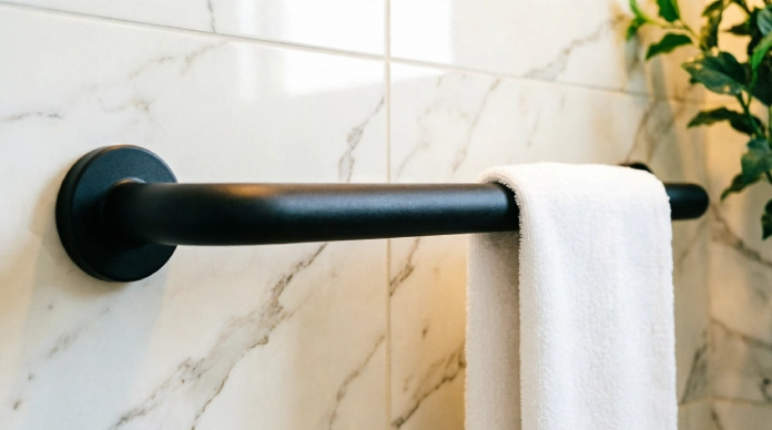 Bathroom grab bar ideas with a matte black grab bar and towel rack